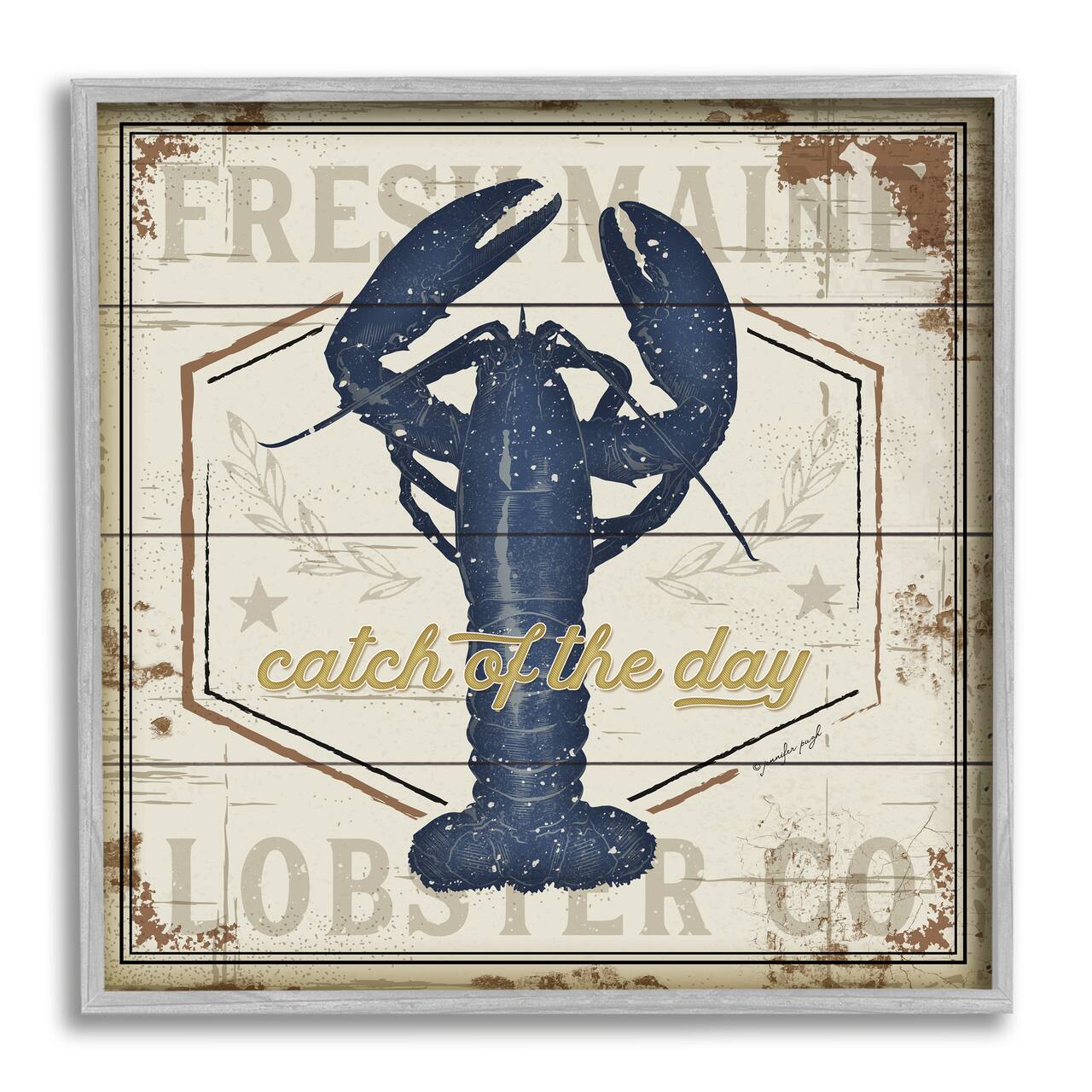 Stupell Industries Catch of the Day Vintage Blue Lobster Plank Pattern in Gray Frame Wall Art